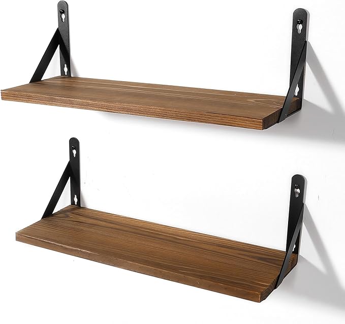 AGM Floating Shelves, 16.7 Inch Bathroom Shelf Set of 2, Rustic Wood Wall Mounted Shelf for Storage&Room Decor, Floating Shelf for Plants, Bedroom, Kitchen, Office, Living Room(Dark Brown)