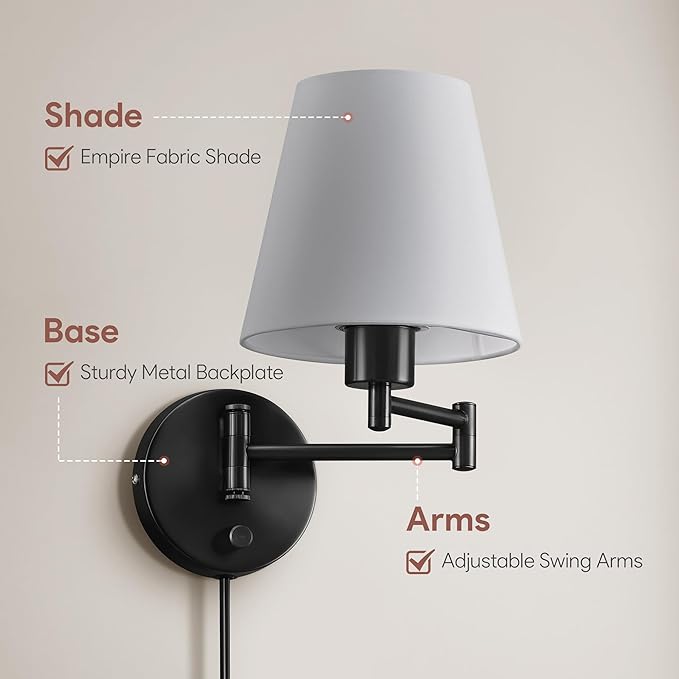 VONLUCE Modern Swing Arm Wall Mount Light Plug in, Corded Wall Lamps with White Fabric Shade, Black Metal Adjustable Wall Sconce, Wall Mount Lamp for Bedroom, Living Room, Bedside