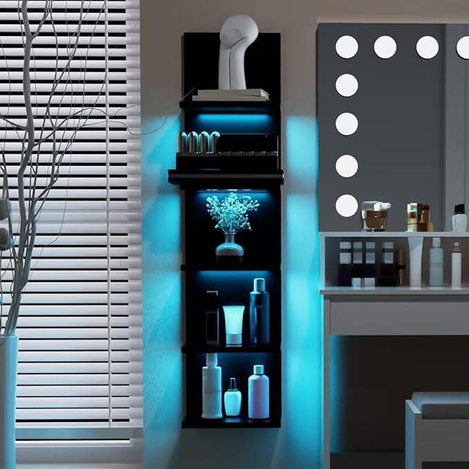 5-Tier Wall Shelf Unit with RGB Light, Floating Lack Shelf for Storage, Wall Mounted Vertical Display Shelf for Bedroom Living Room Vanity, Black