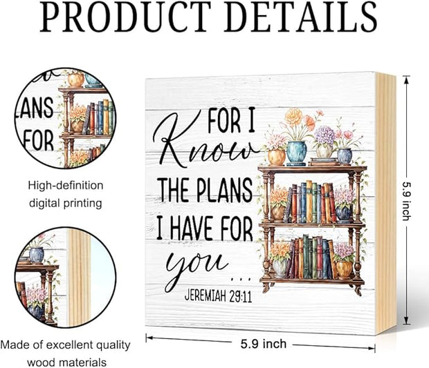 For I Know The Plans I Have for You Wood Block Plaque Box Sign for Home Living Room Coffee House Bar Shelf Table Decoration, Jeremiah 29:11Inspirational Decor Gifts for Women Family Friend