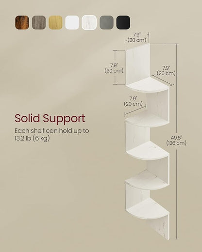 VASAGLE Corner Shelf Wall Mount, 5-Tier Floating Corner Bookshelf, Plant Shelf for Bedroom, Living Room, Bathroom, Home Office, Rustic White