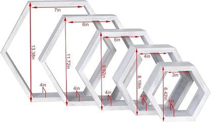 PHOENANCEE Hexagon Floating Shelves,Wall Mounted Wood Farmhouse Storage Honeycomb Wall Shelf Set of 5,for Bathroom, Kitchen, Bedroom, Living Room,Office,Driftwood Finish (Weathered White)