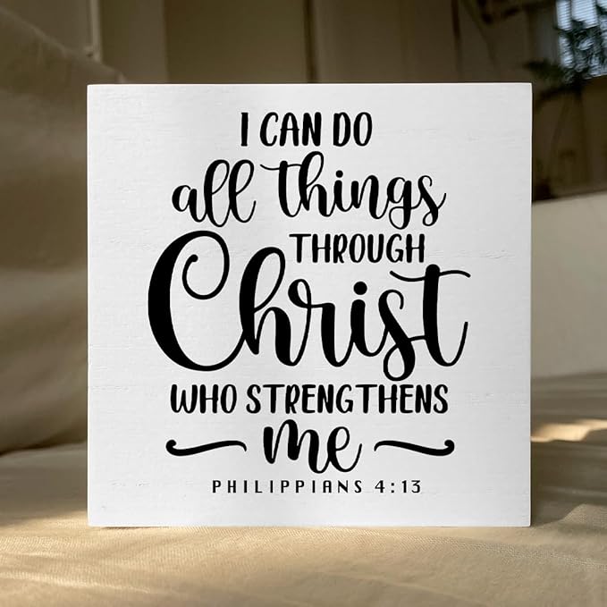 I Can Do All Things Through Bible Verse Artwork Wood Box Sign Rustic Farmhouse Style Philippians 4 : 13 Christian Wood Block Plaque 5 X 5 Inches Home Office Desk Sign Decor for Presents