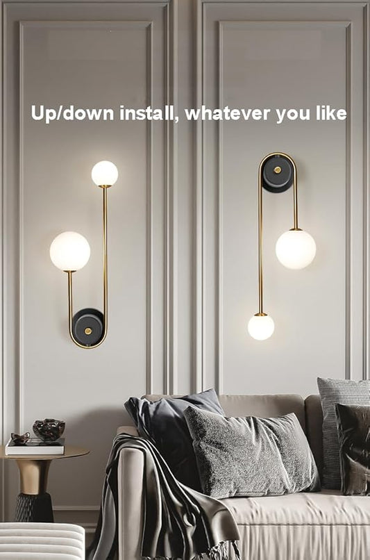 Modern Wall Sconce Set of 2 Mid Century Black Gold Wall Lamp with 2 Milk Glass Shade U-Shape Linear Wall Light for Bedside Dining Room Bathroom