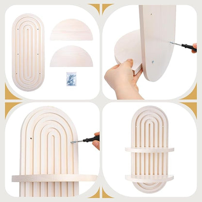 Wenqik 2 Pcs Boho Wall Shelf Rainbow Arch Wooden Floating Shelf Mid Century Bohemian Hanging Holder Double Vintage Wall Mount Altar Decor for Nursery Bedroom 15.75 x 6.69 Inches(White)