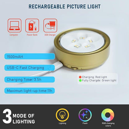 3 Pack Gold Picture Lights for Wall Battery Operated Rechargeable, 12 RGB Color Changing LED Wall Art Light, Magnetic Painting Light with Remote Control,Gallery Lights Photo Sconce for Frame