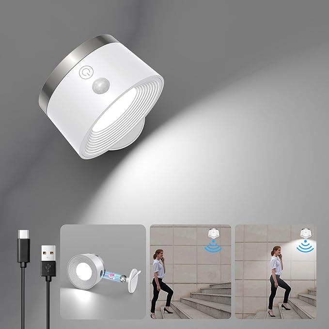 Moobibear Motion Sensor Wall Light Indoor, 3500mAh Rechargeable Battery Operated LED Wall Light, Wall Lamp Wireless with 360 ° Rotation, 3 Color Temperatures for Bedroom, Study, Corridor, Picture