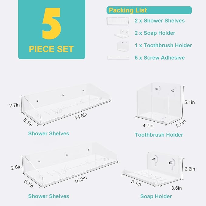 Adhesive Shower Caddy, 5 Pack Acrylic Shower Shelves Bath Organizers With Large Capacity, No Drilling Shelves for Bathroom Storage