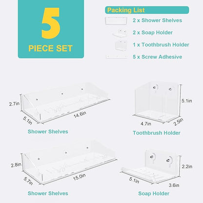 Adhesive Shower Caddy, 5 Pack Acrylic Shower Shelves Bath Organizers With Large Capacity, No Drilling Shelves for Bathroom Storage