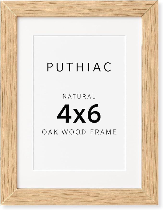 puthiac 4x6 Solid Oak Wood Picture Frame, Fits 3x5 with Mat or 4x6 Without Mat, Wall or Tabletop Display with Stand, Vertical or Horizontal, Plexi Front, 1 Pack, Natural Oak