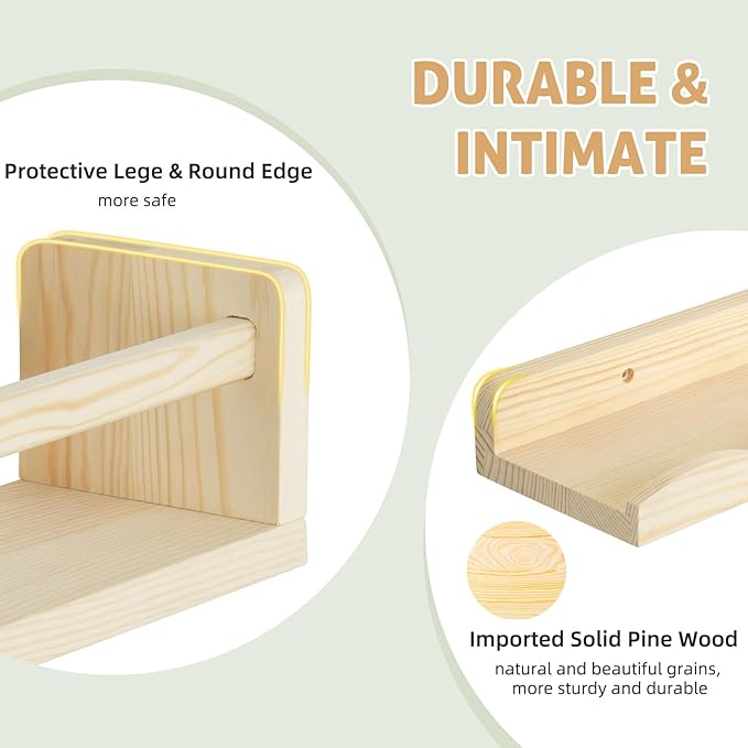 Floating Book Shelves for Wall, 23.6" Natural Wood Nursery Shelves for Book Storage, Solid Pine Wooden Floating Bookshelf for Bedroom Living Room, Set of 2+1, Unfurnished - DIY