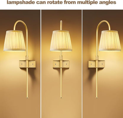 Vintage Battery Operated Wall Sconces Set of 2, Gold Rechargeable Wireless Wall Lamp Lights with Fabric Lampshade & LED Remote Bulb,Dimmable Flower Wall Sconce for Bedroom Living Room Hallway