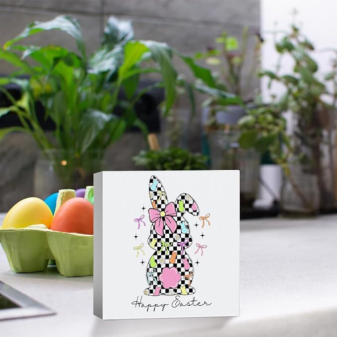 Happy Easter Sign Easter Table Decor Checkered Bunny Decor Blue And White Chinoiserie Decor Wooden Box Sign for Home Office Bedroom Living Room Desk Shelves