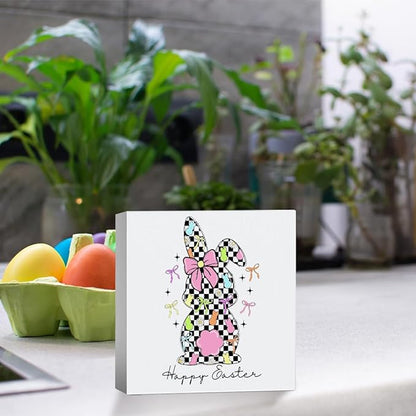 Happy Easter Sign Easter Table Decor Checkered Bunny Decor Blue And White Chinoiserie Decor Wooden Box Sign for Home Office Bedroom Living Room Desk Shelves