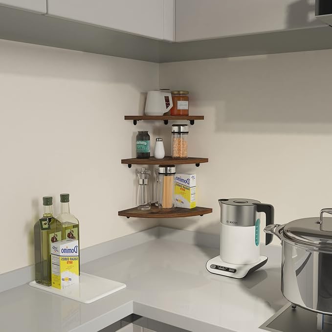 HORLIMER 6 Pack Wall Mount Floating Corner Shelf, Rustic Wood Corner Wall Shelves for Bedroom, Living Room, Bathroom, Kitchen