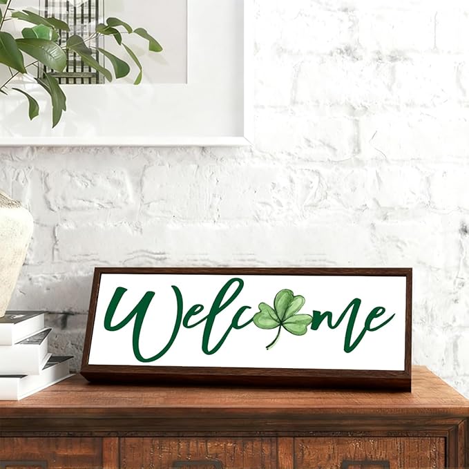 Welcome Sign, Lucky Clover Home Decor for Front Door Porch Shelf, Happy St. Patrick's Day Wooden Decor, Irish Home Decors, Rustic Farmhouse Wooden Block Signs, 9.5x3.1x1 inches