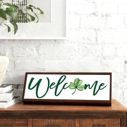 Welcome Sign, Lucky Clover Home Decor for Front Door Porch Shelf, Happy St. Patrick's Day Wooden Decor, Irish Home Decors, Rustic Farmhouse Wooden Block Signs, 9.5x3.1x1 inches