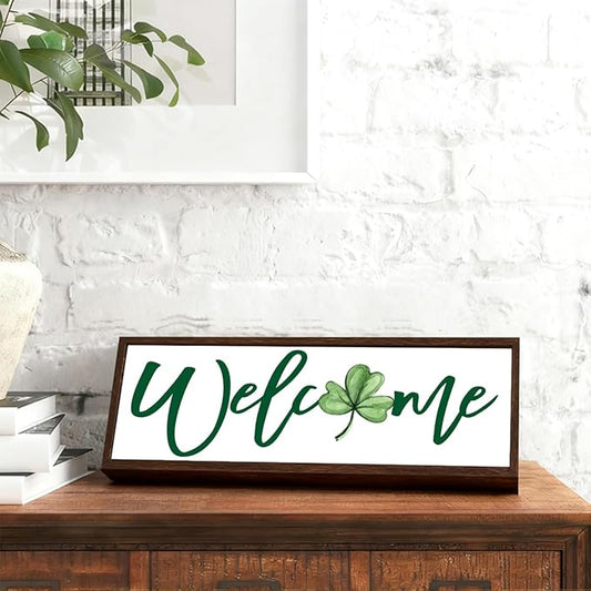 Welcome Sign, Lucky Clover Home Decor for Front Door Porch Shelf, Happy St. Patrick's Day Wooden Decor, Irish Home Decors, Rustic Farmhouse Wooden Block Signs, 9.5x3.1x1 inches