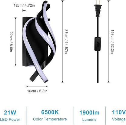 Modern LED Plug in Wall Sconce, 21W Black Indoor Wall Lights with Plug and Switch, Wall Lamps for Living Room, Bedroom, Hallway, Stairway, 6500K Wall Mounted Light