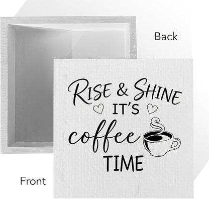 Farmhouse Coffee Bar Sign 5x5 Inch - "RISE & SHINE IT'S COFFEE TIME" Rustic Coffee Bar Decor, Farmhouse Style Shelf/Tabletop Decoration for Kitchen Café