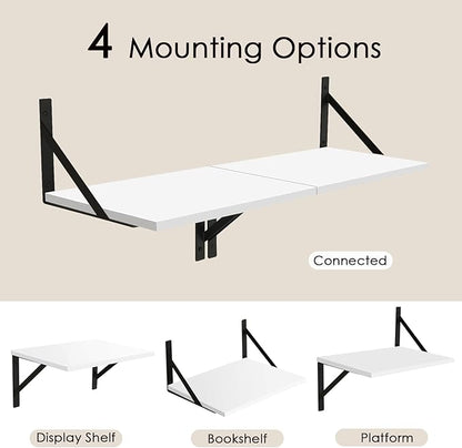 DINZI LVJ Deep Floating Shelves, 16 W x 12" D Wall Shelves Set of 2, Wide Display Shelf Wall Mounted with Brackets, Easy-to-Install Floating Bookshelf for Living Room, Bathroom, Bedroom, White