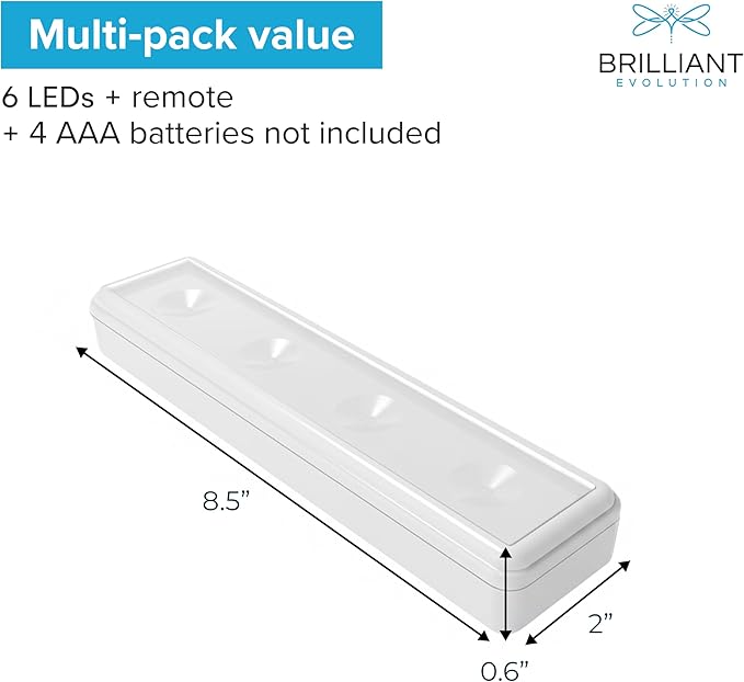 Brilliant Evolution 0.6" Ultra-Thin Wireless Under Cabinet Lights - 4 Pack, 8.5"L Battery-Operated LED Fixtures with 2 Remotes 3000K Warm White Stick-On Lighting, Timer Included for Kitchen & Counter