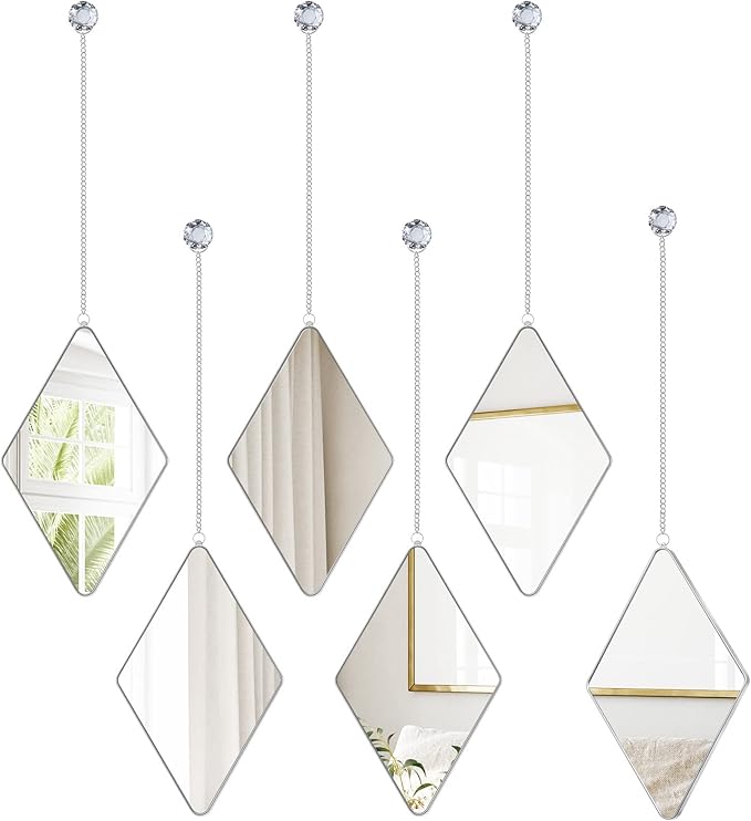 Suzile 6 Pcs Diamond Wall Mirror Set with Chain Hanging with Diamond Handle Frame Decorative Chain Mirror for Home Entryways Living Room Bathroom Farmhouse Wall Decor(Silver)