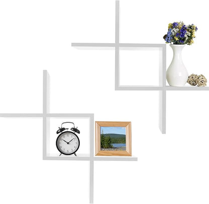 Greenco Criss Cross Intersecting Wall Mounted Floating Shelves White Finish, 2-Pack,