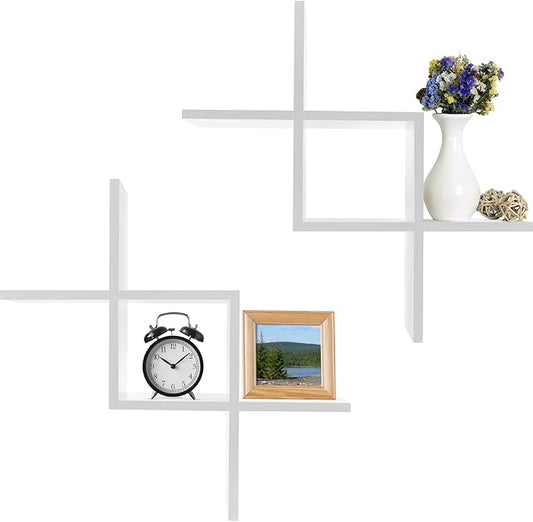 Greenco Criss Cross Intersecting Wall Mounted Floating Shelves White Finish, 2-Pack,