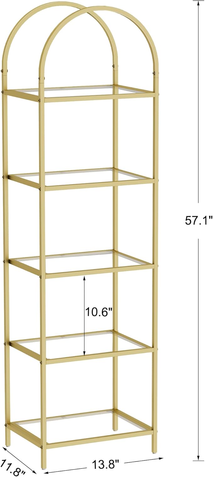 Homhedy Bookshelf Arched Display Racks,Metal Bookcase,Tempered Glass Shelves,Storage Rack Shelf for Home Office,Living Room,Bedroom, Bathroom,Modern Style (Golden, 11.8