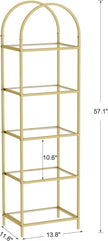 Homhedy Bookshelf Arched Display Racks,Metal Bookcase,Tempered Glass Shelves,Storage Rack Shelf for Home Office,Living Room,Bedroom, Bathroom,Modern Style (Golden, 11.8