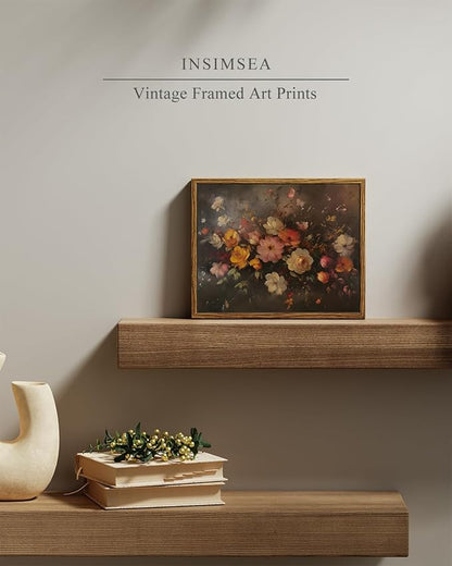 InSimSea Framed Canvas Wall Art, Vintage Wall Decor, Fall Floral Dark Moody Painting for Living Room, Bedroom Autumn Country Retro Flower Print Pictures Decorations,8x10inch