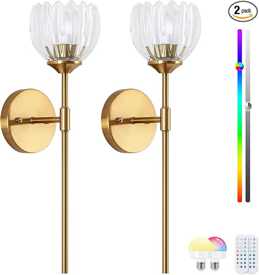 Vintage Battery Operated Wall Sconce Set of 2,Rechargeable Wall Lights with RGB Dimmable Detachable Bulbs and Remote,LED Wireless Wall Lamps for Bedroom Living Room Hallway