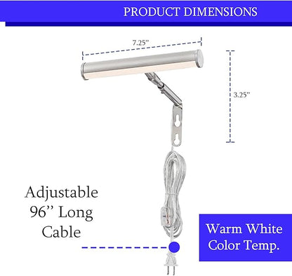 Ciata 7-Inch Picture Light with Integrated LED,3000K Warm White, 2Watt (40W Eqv) Metal Wall Mount Artwork Display Light, CRI90, 96 in Cord Length with in-line On/Off Switch in Brushed Nickel Finish
