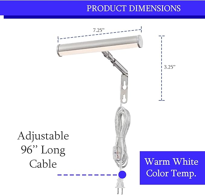 Ciata 7-Inch Picture Light with Integrated LED,3000K Warm White, 2Watt (40W Eqv) Metal Wall Mount Artwork Display Light, CRI90, 96 in Cord Length with in-line On/Off Switch in Brushed Nickel Finish