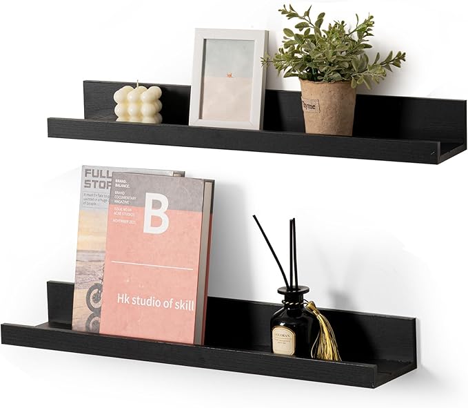 Muzilife 24" Small Floating Wall Ledge Shelves with Lip - Set of 2 Wood Floating Shelves - Black Wall Mounted Picture Ledge for Office, Bathroom, Bedroom, Living Room, Kitchen