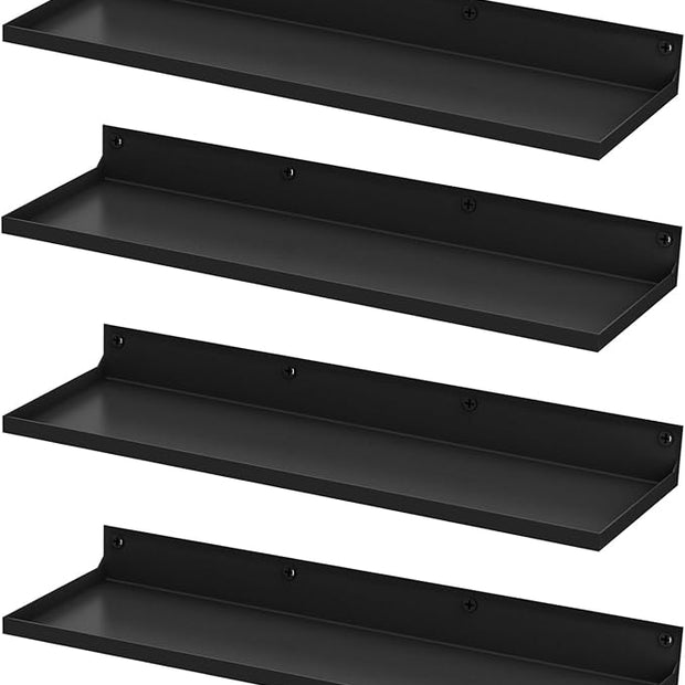 PEKGRIL 4 Pack Metal Floating Shelves, 17x6 Inch Large Wall Mounted Shelf for Storage, Black Kids Bookshelf, Display Ledge Shelves with Lip for Bathroom, Bedroom, Living Room, Bathroom, Kitchen