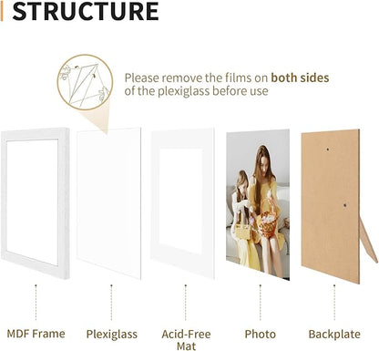 5x7 Picture Frame Set of 4, Displays 4x6 with Mat or 5x7 Without Mat, Photo Frames for Wall Hanging or Tabletop, Includes HD Plexiglass, White