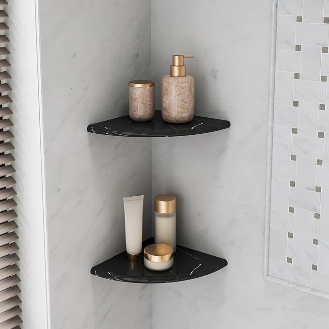 Black Marble Corner Shower Shelf, 9 Inch Marble Corner Shelf for Bathroom Shower Decor, Wall Mounted, Polished, 2 Pcs