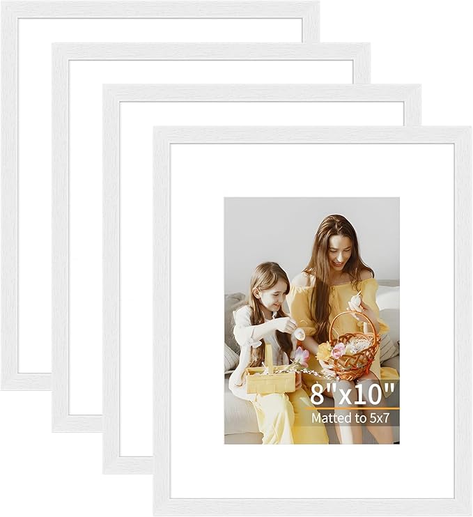 8x10 Picture Frame Set of 4, Displays 5x7 with Mat or 8x10 Without Mat, Photo Frames for Wall Hanging or Tabletop, Includes HD Plexiglass, White