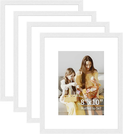 8x10 Picture Frame Set of 4, Displays 5x7 with Mat or 8x10 Without Mat, Photo Frames for Wall Hanging or Tabletop, Includes HD Plexiglass, White