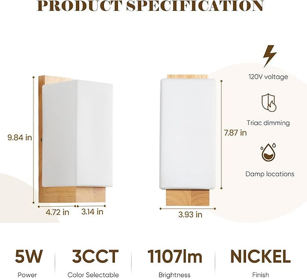 Modern Farmhouse Wall sconces 2-Piece Set Small Wood sconces White Frosted Textured Glass Wall Light Indoor Farmhouse Wall lamp for Bedroom Living Room and Hallway with E26 Base