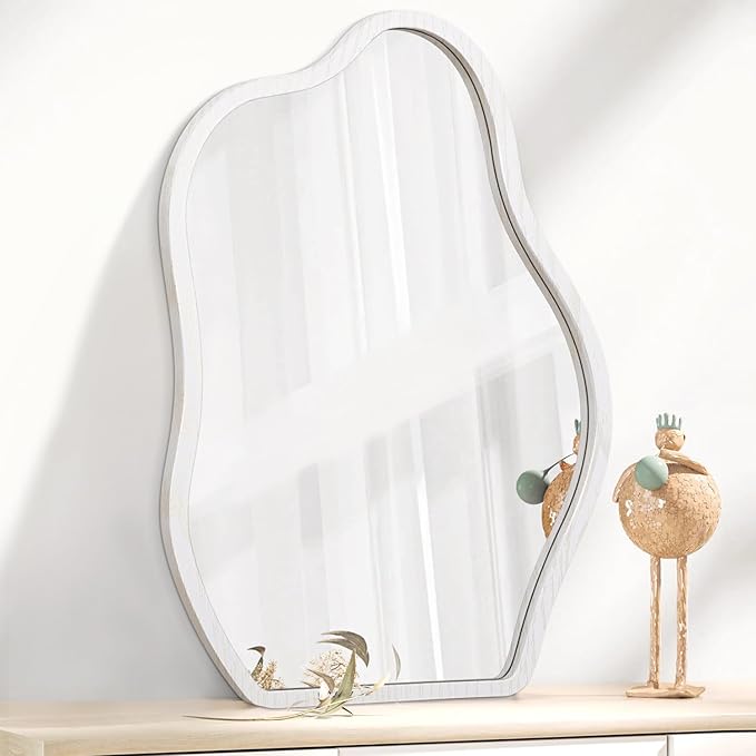 Irregular Cloud Mirror Modern Wood Frame Wall Mirrors Unique Shape Asymmetrical Wall Vanity Artistic Decor for Bedroom Bathroom Entryway Hallway Living Room Small White