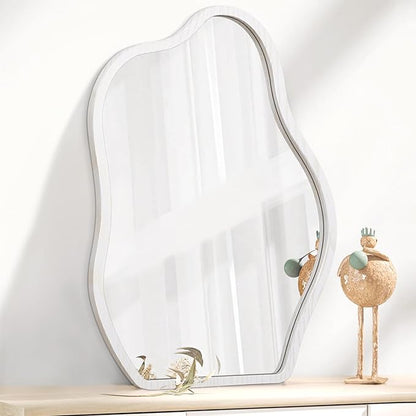 Irregular Cloud Mirror Modern Wood Frame Wall Mirrors Unique Shape Asymmetrical Wall Vanity Artistic Decor for Bedroom Bathroom Entryway Hallway Living Room Small White