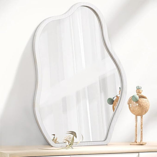 Irregular Cloud Mirror Modern Wood Frame Wall Mirrors Unique Shape Asymmetrical Wall Vanity Artistic Decor for Bedroom Bathroom Entryway Hallway Living Room Small White