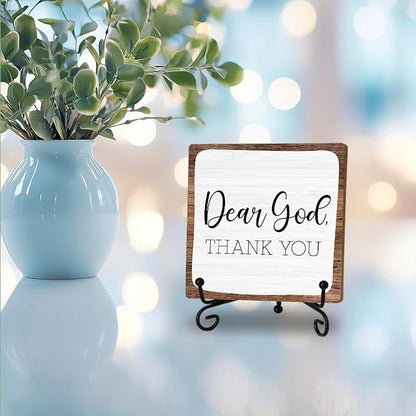 Rustic 'Dear God Thank You' Wooden Plaque - Christian Decor with Iron Stand - Simple Prayer Sign for Home Church Office Fireplace Coffee Table Decor - Inspirational Gift for Thanksgiving & Holidays