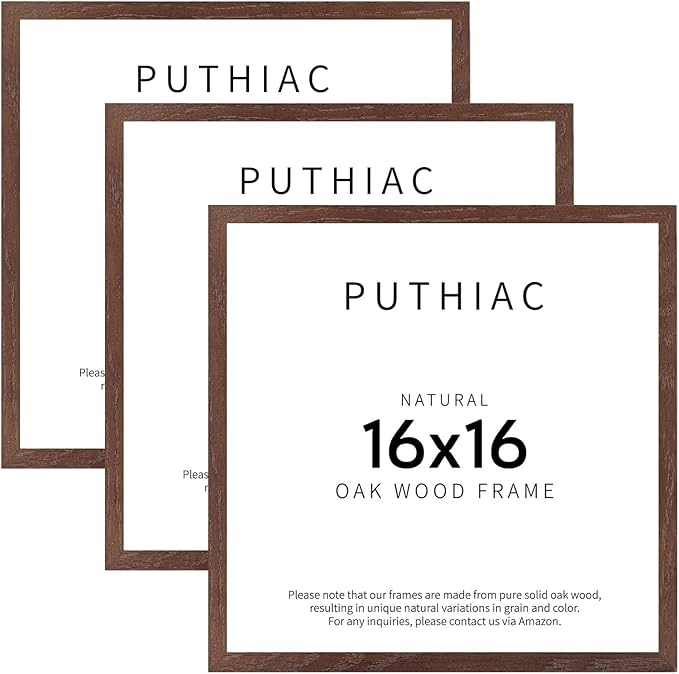 puthiac 16x16 Solid Oak Wood Picture Frame, Fits 12x12 with Mat or 16x16 Without Mat, Wall Display Only, Plexi Front, 3 Pack, Walnut