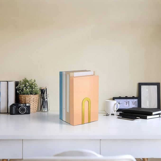 Chunful 2 Pcs Modern Metal Book Ends for Shelves Decorative Small Bookends Book Shelf Organizer Minimalist Design Stopper to Hold Books for Home Office (Gold,5.5 * 3.75 * 2.25inch)