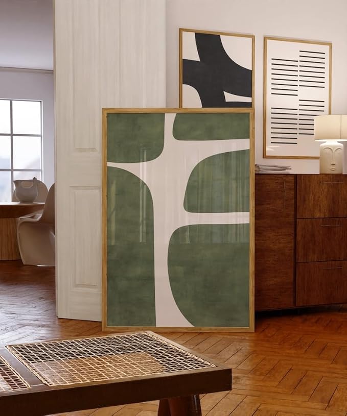 Nationcog Modern Green Beige Minimalist Art, Mid-Century Contemporary Wall Decor, Large Affordable Home Accent, Handmade Greenery Gift Idea (Unframed) (24x36)