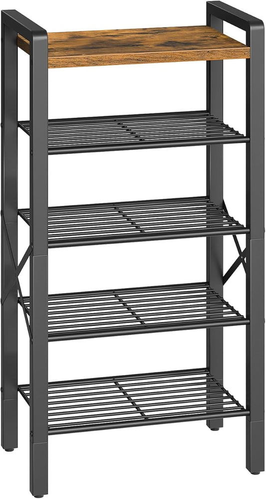 5-Tier Narrow Shoe Rack, Tall Shoe Rack for 5-10 Pairs, Slim Shoe Storage Organizer with Wooden Top, Space Saving, Metal Frame, for Entryway, Rustic Brown and Black SS65BR
